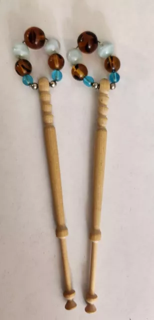 Set of 2 Carved Wood Spangled Lace Bobbins with Glass Beads