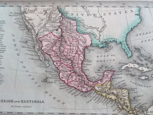 Mexico Texas region Central America 1830 Starling miniature hand color map