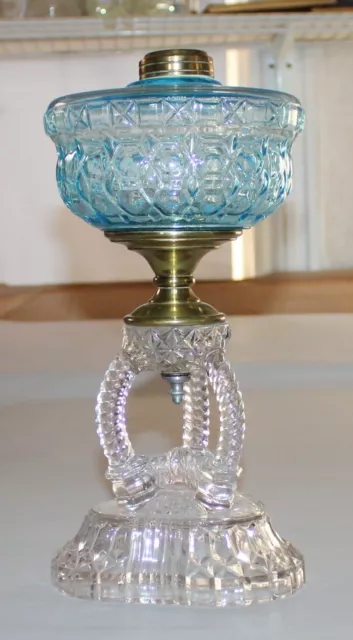 Antique Cathedral Oil Lamp Blue Font Clear Base For #2 Burner