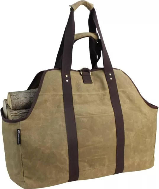 Waxed Canvas Log Carrier Tote Bag, Extra Large Durable Firewood Holder with H...