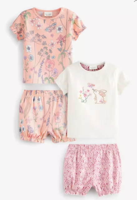 Next Girls pink floral 4 piece bunny set, tshirts, shorts BNWT. Up to 3 month