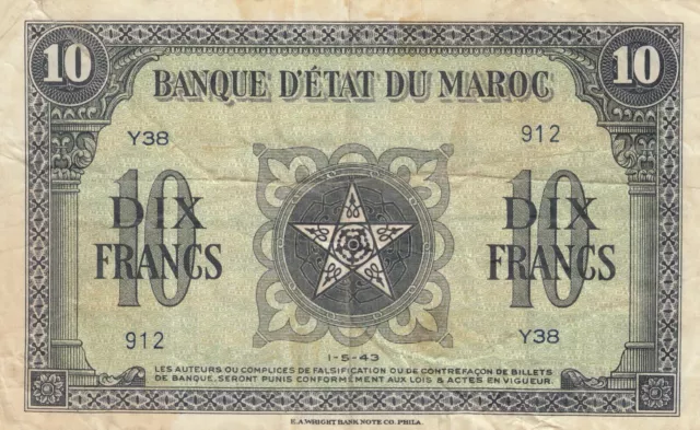 Morocco banknote Banque d'Etat du Maroc 10 francs (1943)    B219    P-25  VF