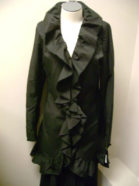 DKNY Black Ruffle Zip Front Coat 3/4 Length S NWT $160