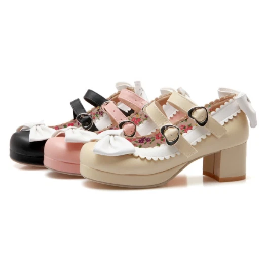 Womens Cute Mary Janes Mid Block Heels Ankle Strap Bow Tie Pumps Lolita Shoes Sz
