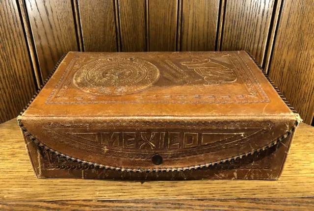 Vintage Trinket Jewelry Storage Box Tooled Leather Bound Handmade Mexico Chest