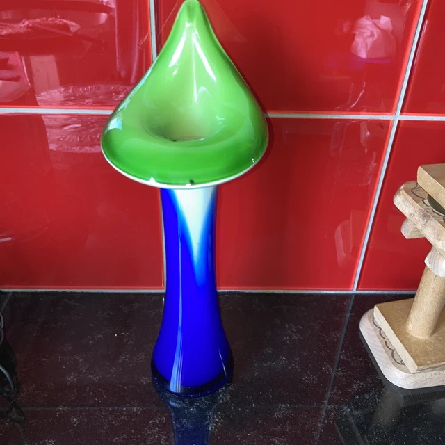 Beau Vase Carafe Soliflore Ancien Pate de Verre Vert Bleu Blanc