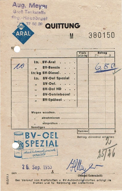 Tankstelle Meyer Hamburg Hausbruch Aral Tankquittung 1953