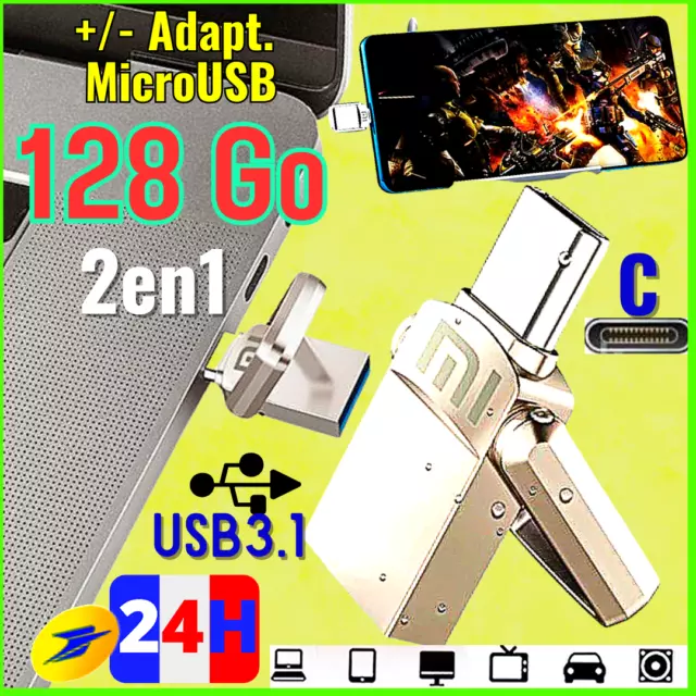 128Go U-DISK Clé Métal USB 3.1 to USB Type C Android, 2en1 /ou + Adapt. MicroUSB