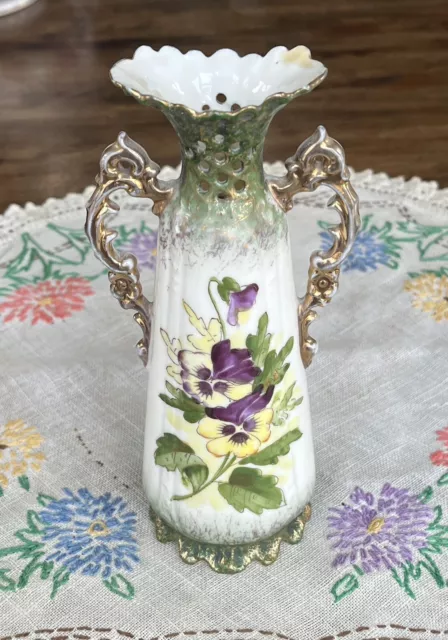 Antique Victoria Carlsbad Austria Porcelain Bud Vase w/ Yellow & Purple Flowers