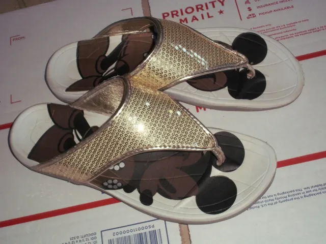Mickey Mouse Women L (9-10)Summer Beach Flip Flop Gold Sequin  Sandals Thong