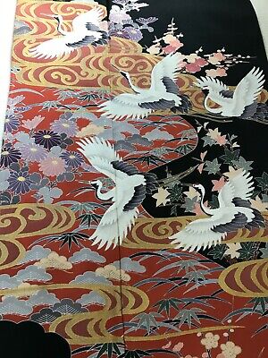 @@Japanese vintage kimono/ tomesode black silk fabric/ cranes, plum blossom J12