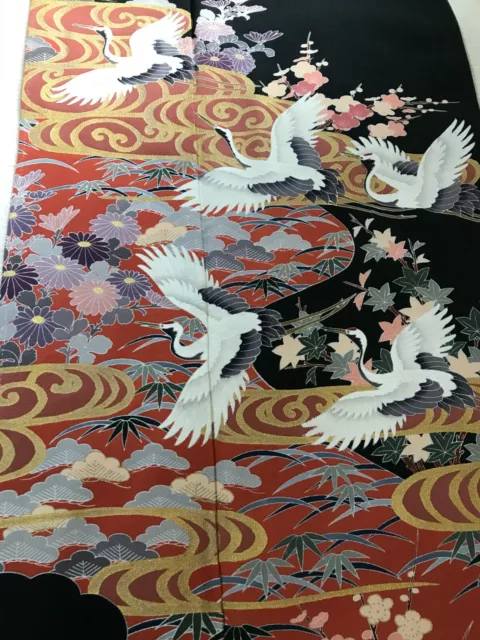@@Japanese vintage kimono/ tomesode black silk fabric/ cranes, plum blossom J12