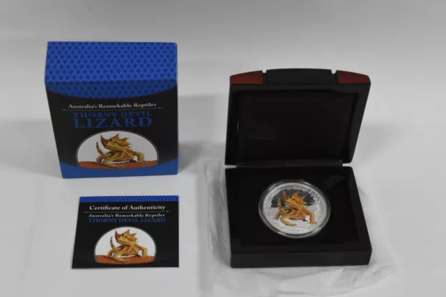 2014 Tuvalu Thorny Devil Lizard $1 1oz Silver Proof Coloured Coin -  Case & COA