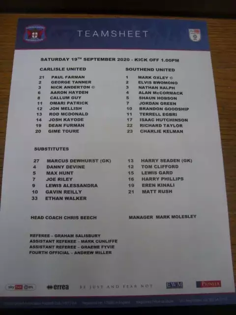 19/09/2020 Colour Teamsheet: Carlisle United v Southend United