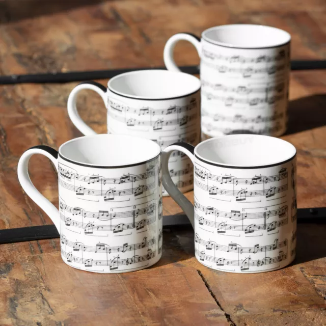 Set of 4 Black & White Music Sheet Coffee Mugs 10oz Black & White China Ceramic