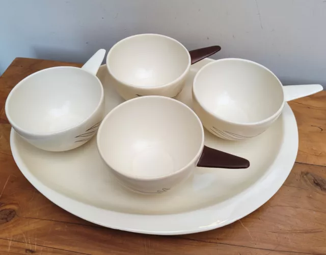 Unusual Carlton Ware Windswept 4 Soup Cups Bowls & Tray 2425 & 2426 2