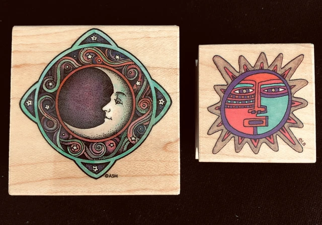 Laurel Burch Rubber Stamps Sun-Burst & Celestial Moon All Night Media Wood Lot 2
