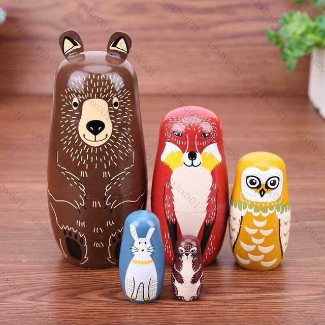Russische Matroschka Kinder 5 Stück Tiere Holz Spielzeug Puppen Puzzle Spielset#
