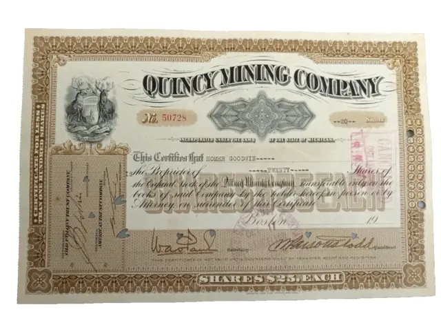 Vintage 1928 QUINCY MINING COMPANY 20 Shares STOCK CERTIFICATE Michigan RARE