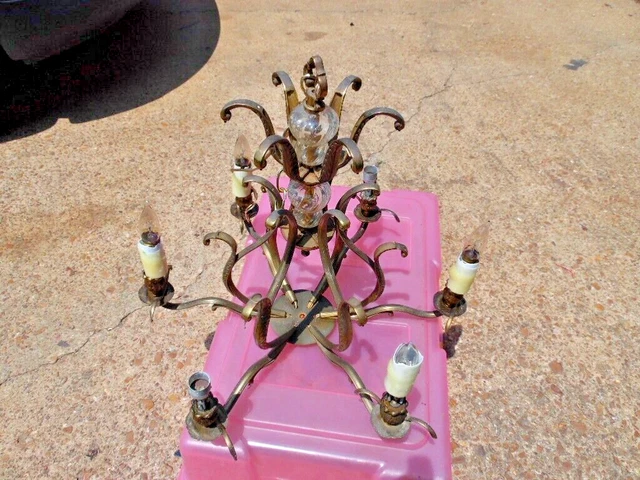 Vintage Brass/Bronze Chandelier Ceiling Light Fixture For Repair Crystal Glass