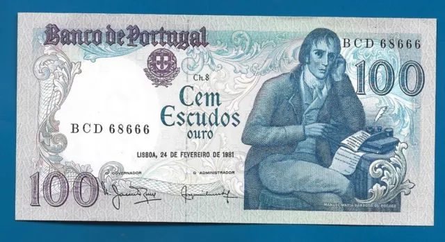 2) PORTUGAL BANKNOTEN 100 Escudos 24-02-1981 Manuel M. Bocage  P-178b HIGH GRADE