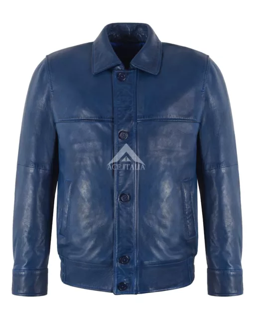 Herren Bomber Lederjacke blau gewachst klassischer Kragen Bluse Retro Style Jacke