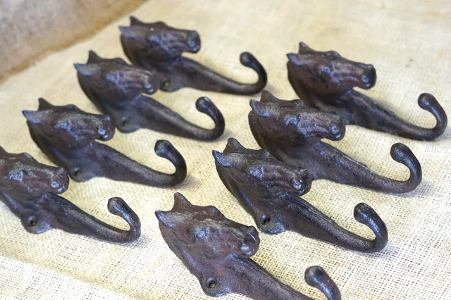 8 Horse Head Key Hook Towel Hat Coat Hanger Rustic Cast Iron Antique Style Farm