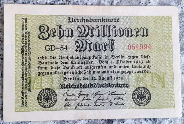 Deutsches Reich 10 Millionen Mark 1923 Reichsbanknote.