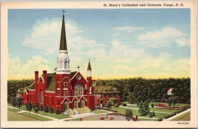 FARGO, North Dakota Postcard "St. Mary's Cathedral & Grounds" Catholic Church