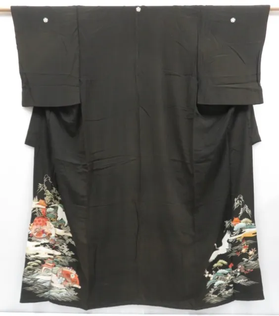 3711T02z640 Vintage Japanese Kimono Silk TOMESODE Flying crane Black