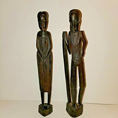 Vtg African Couple Dark Hard Wood Hand Carved Detailed Statues Ebony Tribal Art