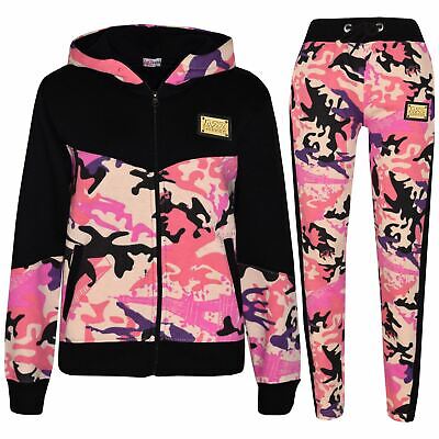 Girls Tracksuit Camouflage Baby Pink Fleece Hoodie Top Joggers Bottom Suit Set