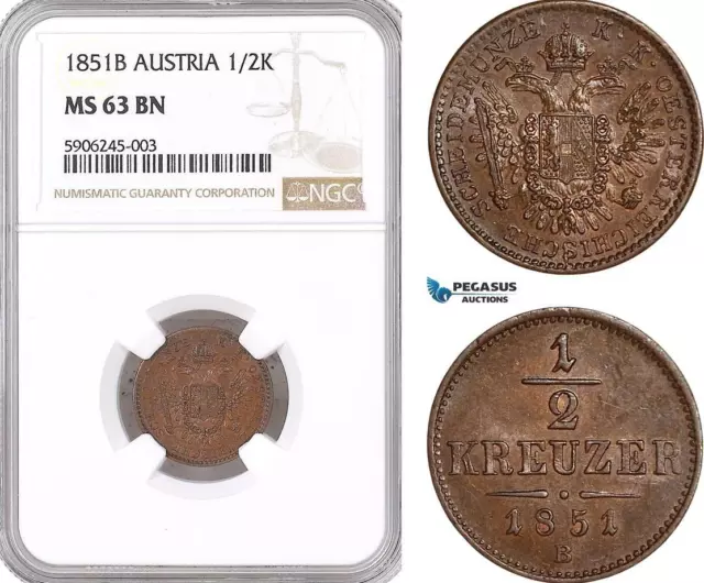 AF547, Austria, Franz Joseph, 1/2 Kreuzer 1851-B, Kremnitz, NGC MS63BN