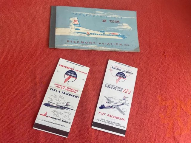 Piedmont Airlines 1960 Charlotte-Wilmington ticket + 2 match covers F-27 image