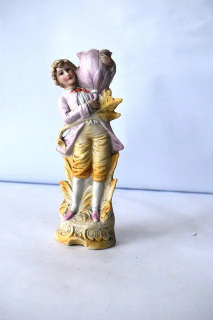 Vintage Bisque German Porcelain Figurine Statue Boy Holding Flower As Vase Old"K