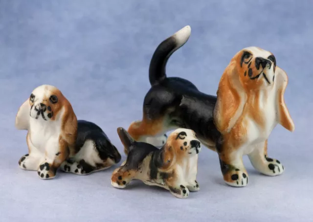 Vintage Miniature Set of 3 Bone China Basset Hound Family Dog Figurines Japan