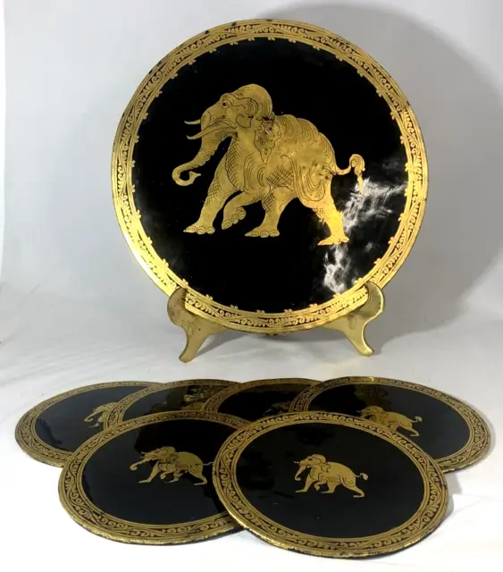 Antique Burmese Black Lacquerware Gold Elephant Motif Serving Tray & 6 coasters