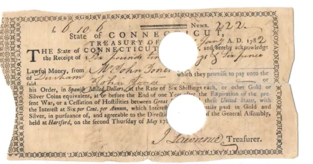1781 Revolutionary War Connecticut Loan Certificate Payable In Gold Or Silver