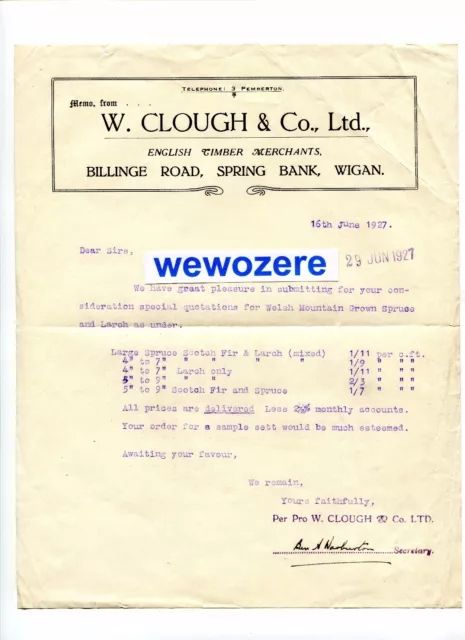 Vintage Billhead, W Clough & Co., Ltd., English Timber Merchants, Wigan, 1927