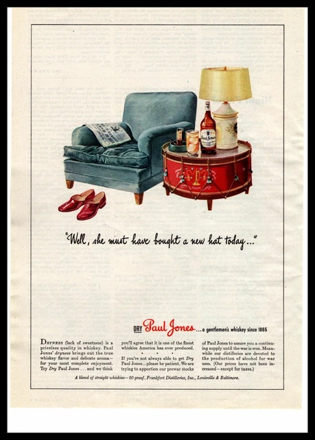 1943 Paul Jones Whiskey "Well She Must've Bought A New Hat Today" Color Print Ad