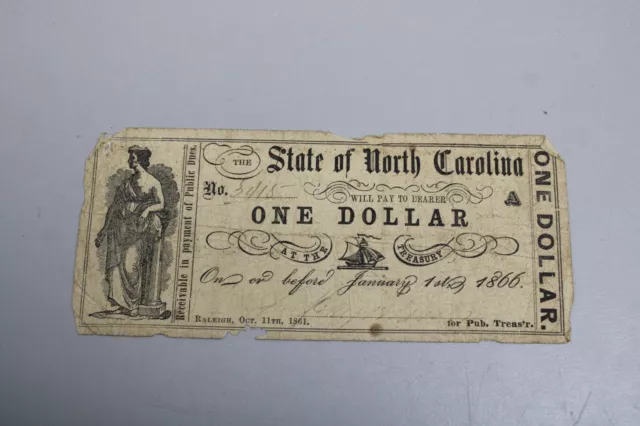 1866 $1 One Dollar State of North Carolina Bank Note