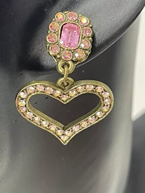 1985 NOS Banana Bob Brass Tone Pink Crystals Hearts Pierced Earrings 1 1/4"