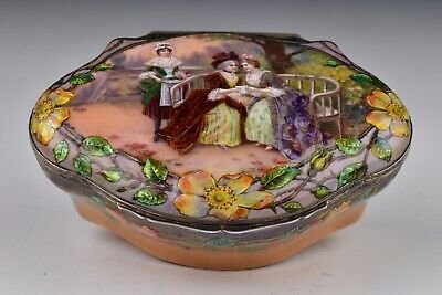 Signed French Enamel on Silver Box 19th / 20th Century Scene of Ladies