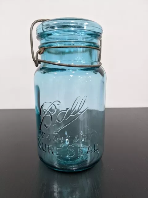 Vintage Blue Aqua Glass BALL SANITARY SURE SEAL Quart Fruit Mason Jar #6 ~ 7.5"