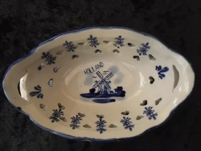 Delft Windmill Small Oval Handled Bowl. Pierced Heart Shape Hand Painted