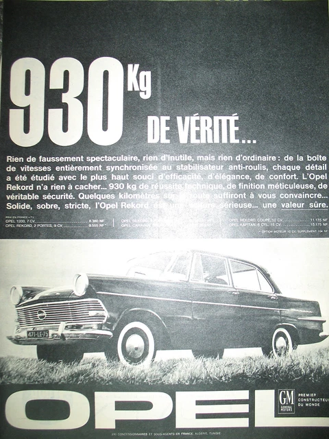 Publicite De Presse Opel Rekord Automobile Valeur Sure French Ad 1963