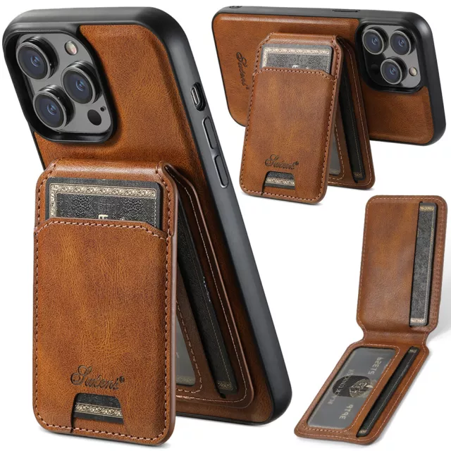 For iPhone 15 14 13 12 Pro Max Leather Magnetic Mag Safe 2 in 1 Card Holder Case