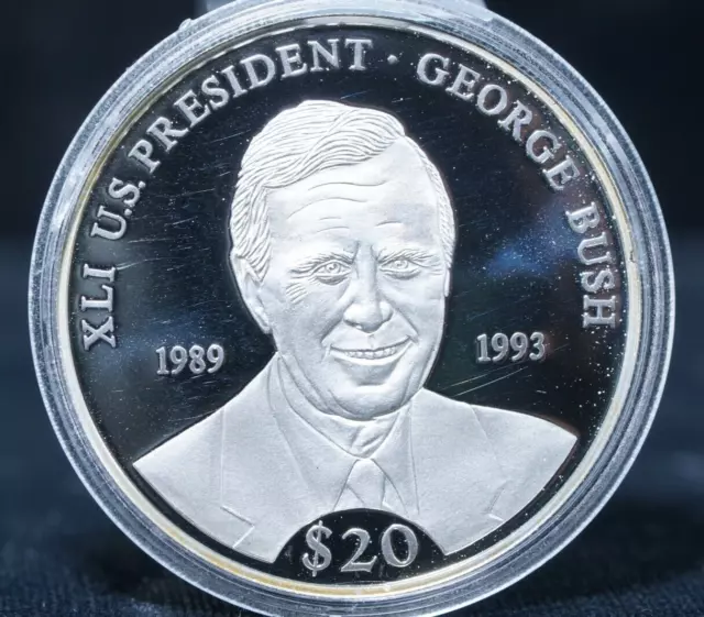 2000 Republic of Liberia $20 US President GEORGE BUSH .999 Silver Coin