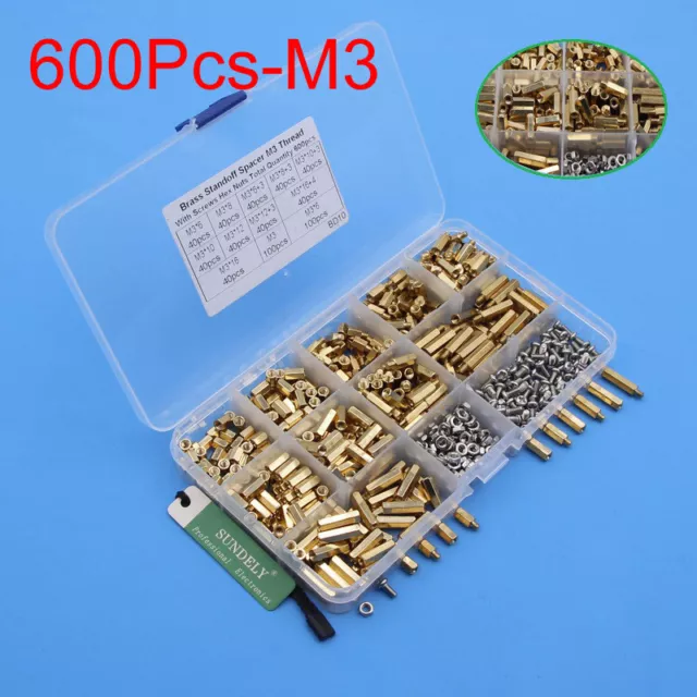 Hot 600pcs PCB M3 Male Female Threaded Brass Spacer Standoffs Screw Nut Assort