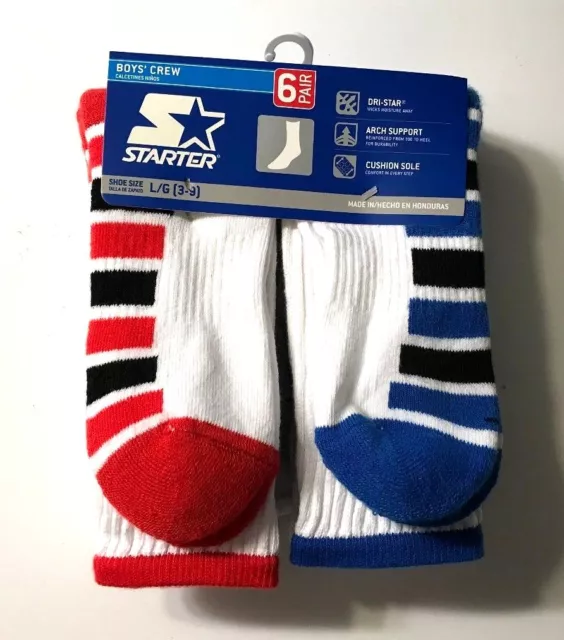 High Performance 6 Pair Boy STARTER White Sport Crew Sock Shoe Size L( 3-9 ).